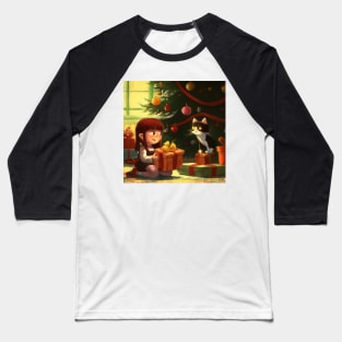 Little Girl and Black Cat on Christmas Morning Baseball T-Shirt